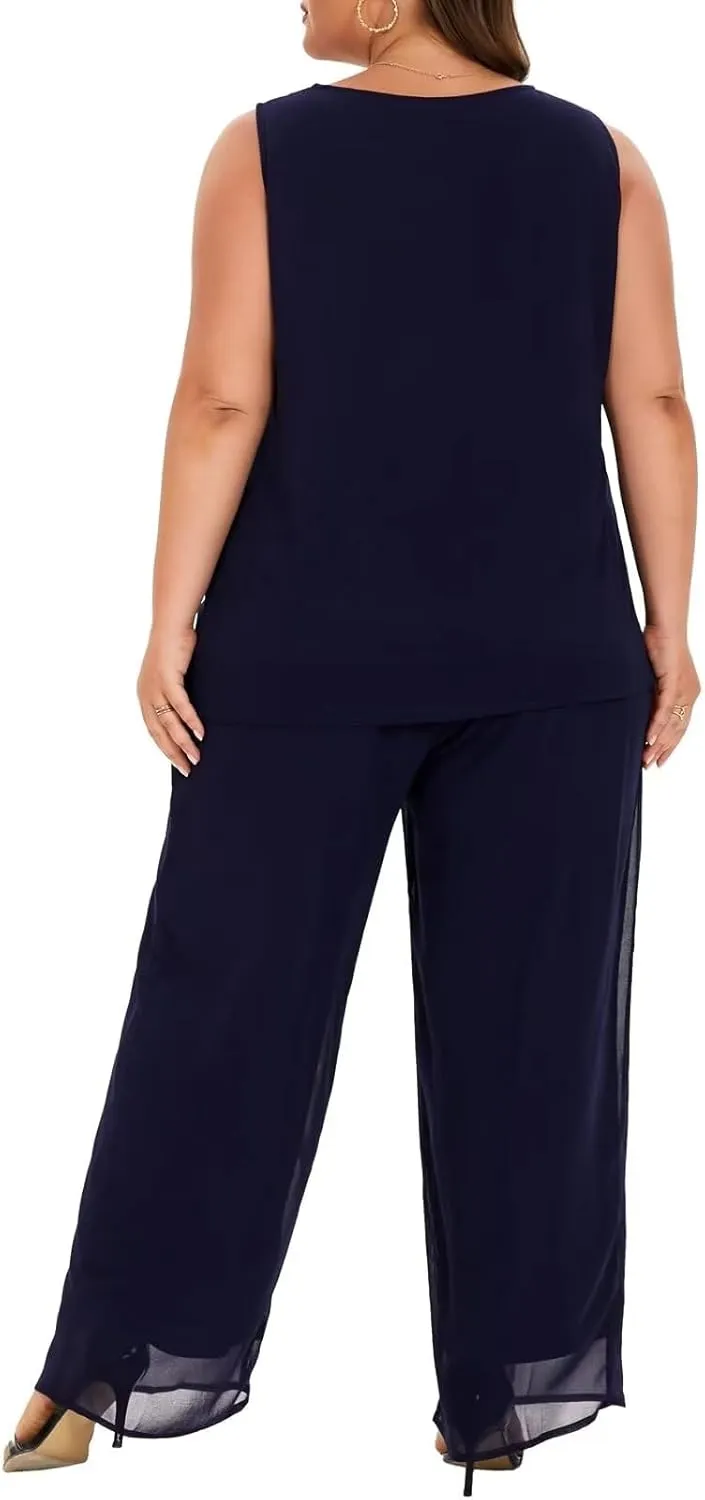 VK Selec Plus Size Pant Suits 3 Piece Chiffon Outfit Dressy Mother of The Groom Bride Evening Wedding Gowns