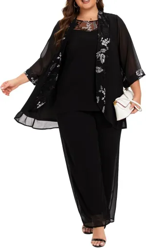 VK Selec Plus Size Pant Suits 3 Piece Chiffon Outfit Dressy Mother of The Groom Bride Evening Wedding Gowns
