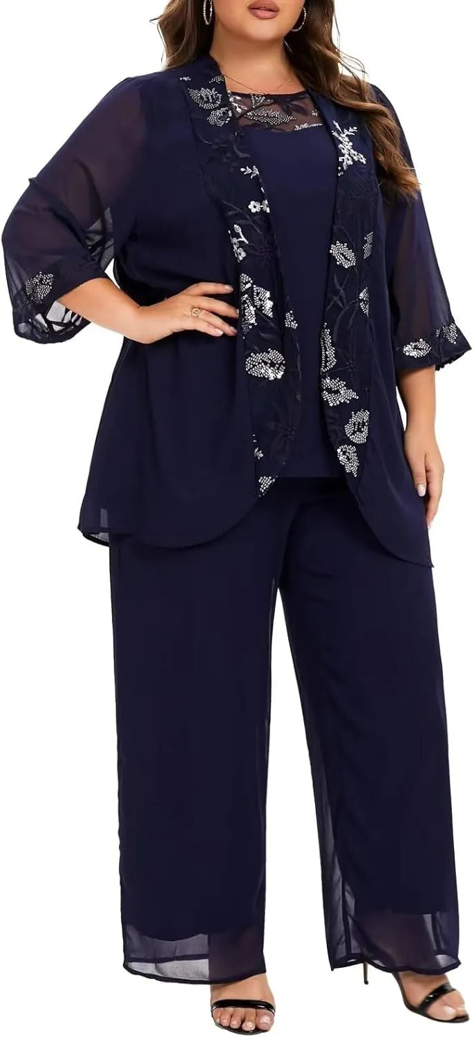VK Selec Plus Size Pant Suits 3 Piece Chiffon Outfit Dressy Mother of The Groom Bride Evening Wedding Gowns