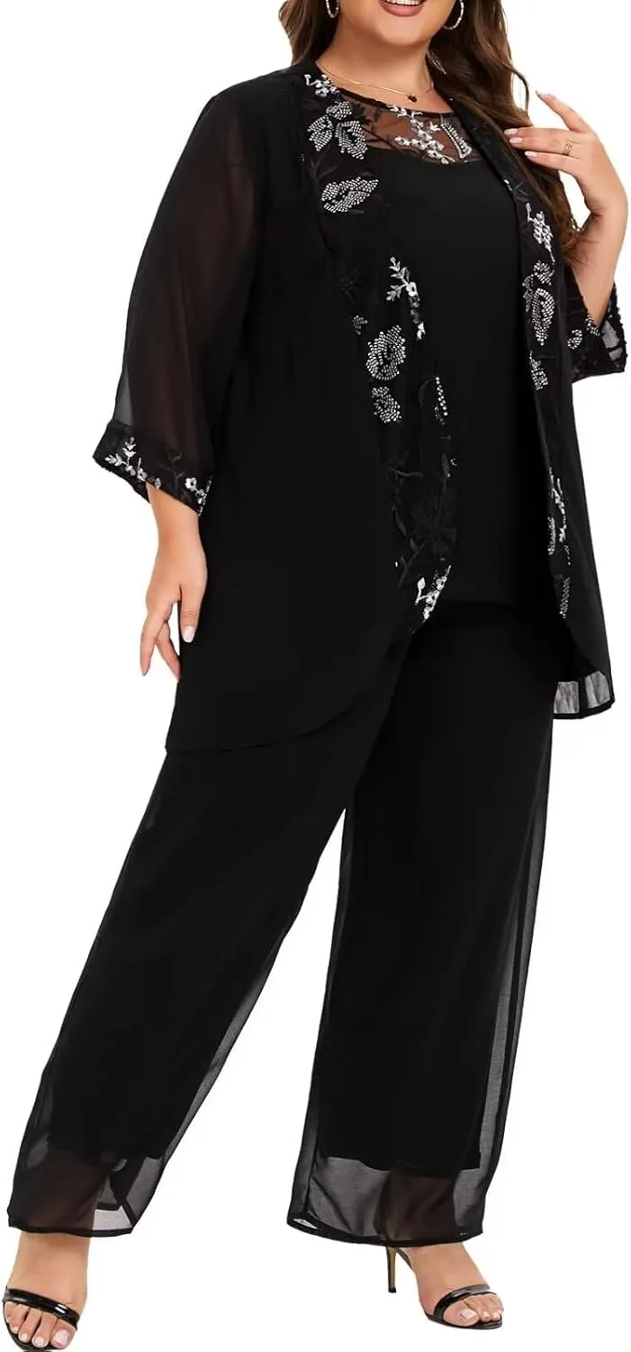 VK Selec Plus Size Pant Suits 3 Piece Chiffon Outfit Dressy Mother of The Groom Bride Evening Wedding Gowns