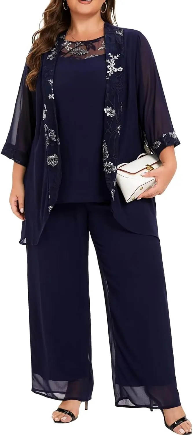 VK Selec Plus Size Pant Suits 3 Piece Chiffon Outfit Dressy Mother of The Groom Bride Evening Wedding Gowns