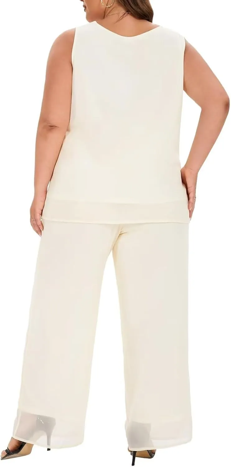 VK Selec Plus Size Pant Suits 3 Piece Chiffon Outfit Dressy Mother of The Groom Bride Evening Wedding Gowns