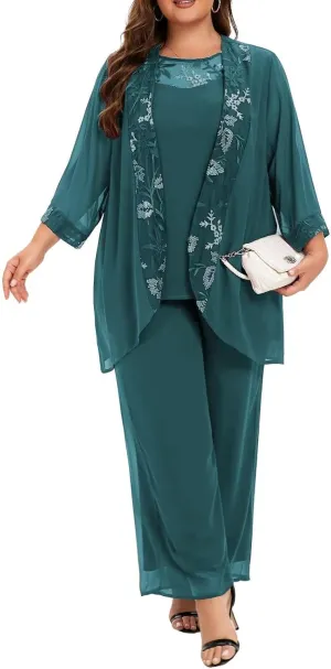VK Selec Plus Size Pant Suits 3 Piece Chiffon Outfit Dressy Mother of The Groom Bride Evening Wedding Gowns