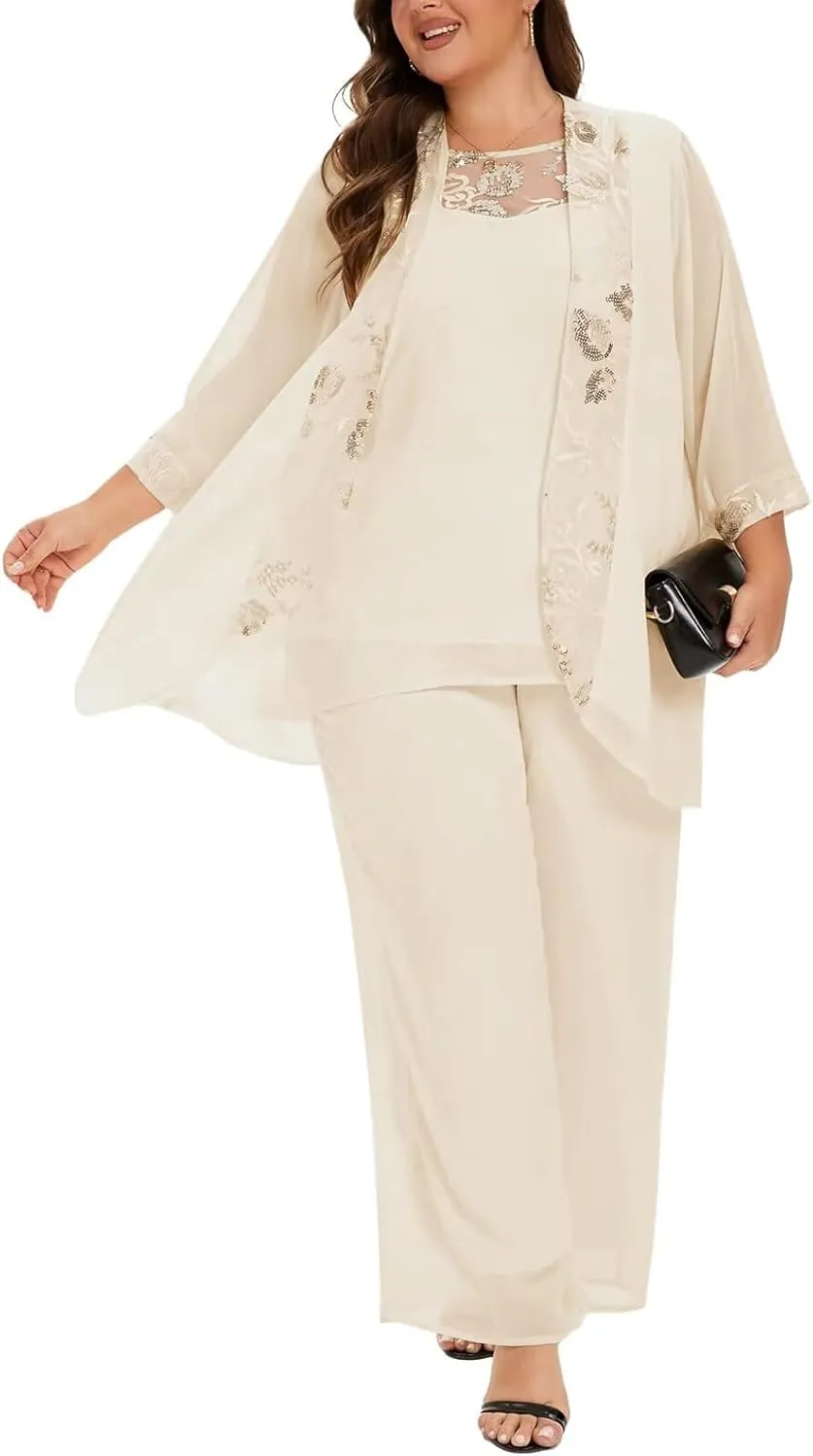 VK Selec Plus Size Pant Suits 3 Piece Chiffon Outfit Dressy Mother of The Groom Bride Evening Wedding Gowns