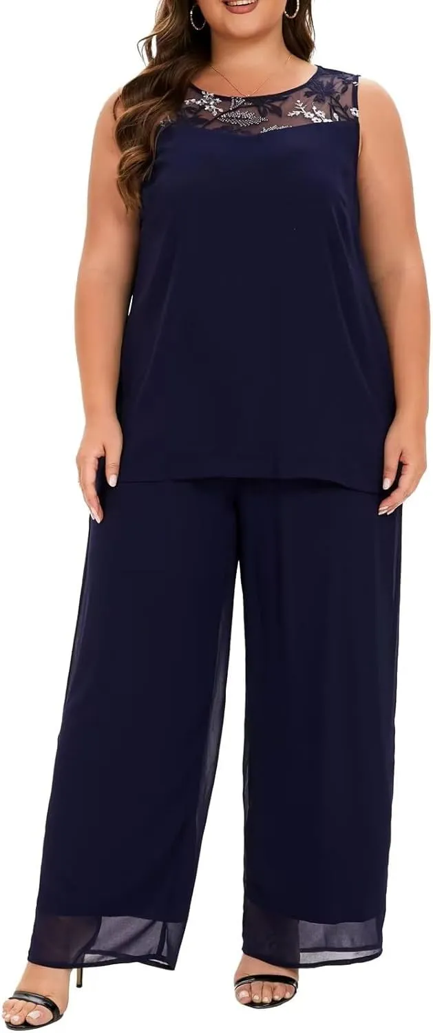 VK Selec Plus Size Pant Suits 3 Piece Chiffon Outfit Dressy Mother of The Groom Bride Evening Wedding Gowns