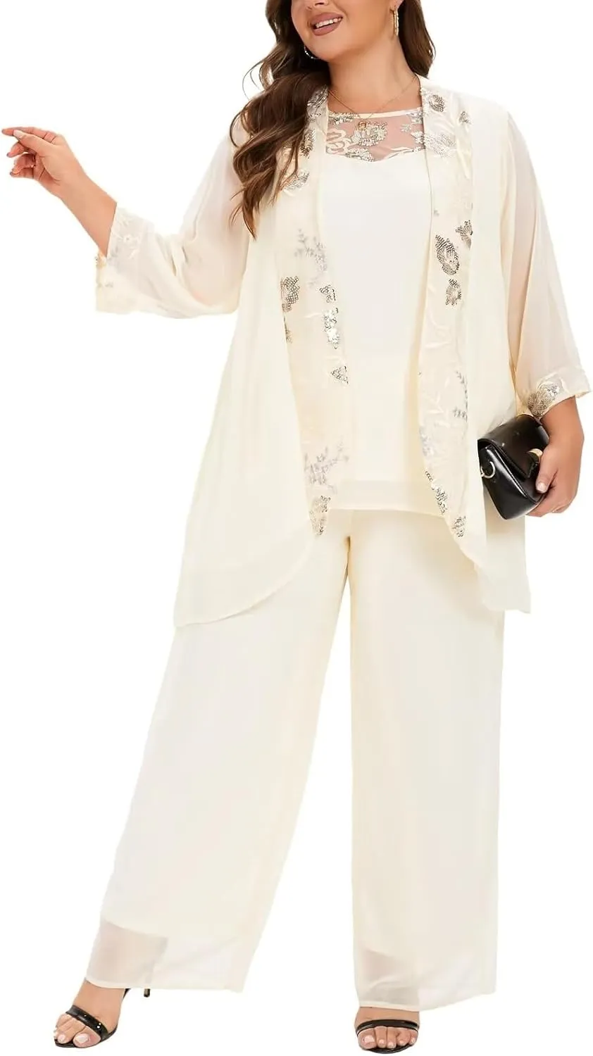 VK Selec Plus Size Pant Suits 3 Piece Chiffon Outfit Dressy Mother of The Groom Bride Evening Wedding Gowns