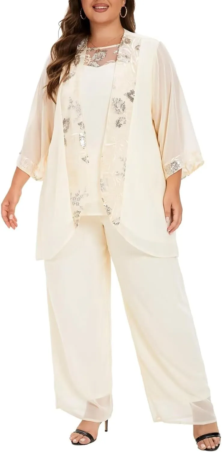 VK Selec Plus Size Pant Suits 3 Piece Chiffon Outfit Dressy Mother of The Groom Bride Evening Wedding Gowns
