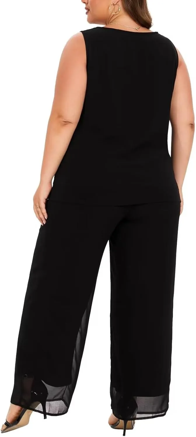VK Selec Plus Size Pant Suits 3 Piece Chiffon Outfit Dressy Mother of The Groom Bride Evening Wedding Gowns