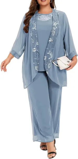 VK Selec Plus Size Pant Suits 3 Piece Chiffon Outfit Dressy Mother of The Groom Bride Evening Wedding Gowns