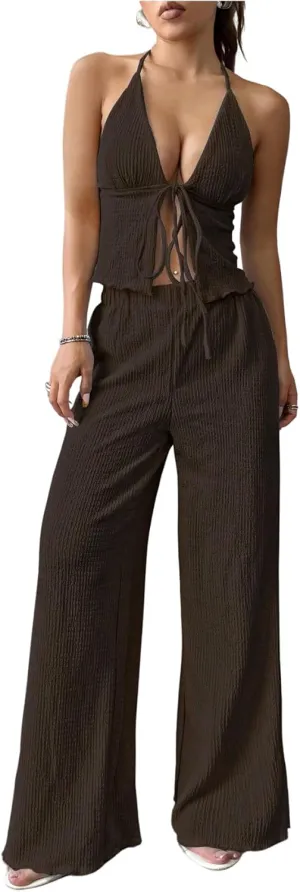 WDIRARA Women's 2 Piece Set Tie Front Halter Camisole Wide Leg Pants Outfits