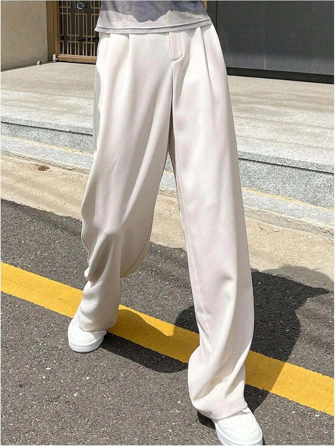 WDIRARA Women's High Waist Straight Leg Pleated Long Pants Casual Work Office Trousers
