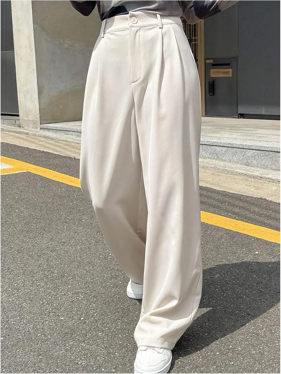 WDIRARA Women's High Waist Straight Leg Pleated Long Pants Casual Work Office Trousers