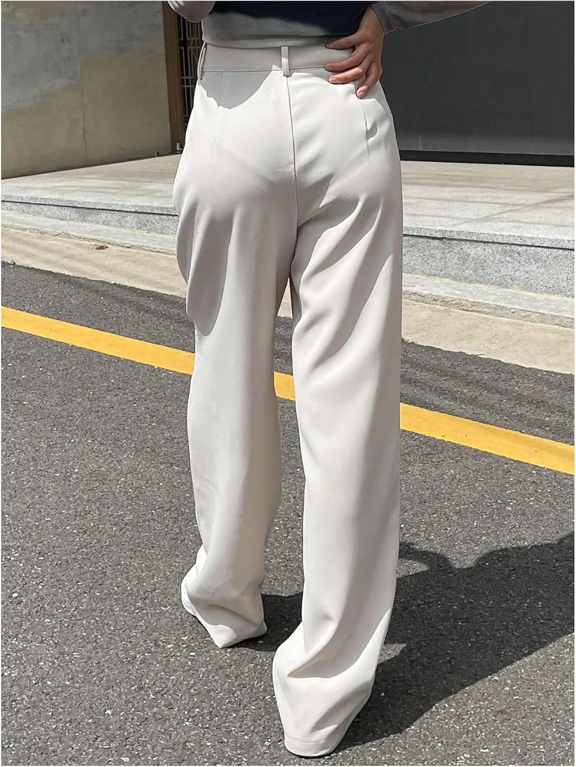 WDIRARA Women's High Waist Straight Leg Pleated Long Pants Casual Work Office Trousers