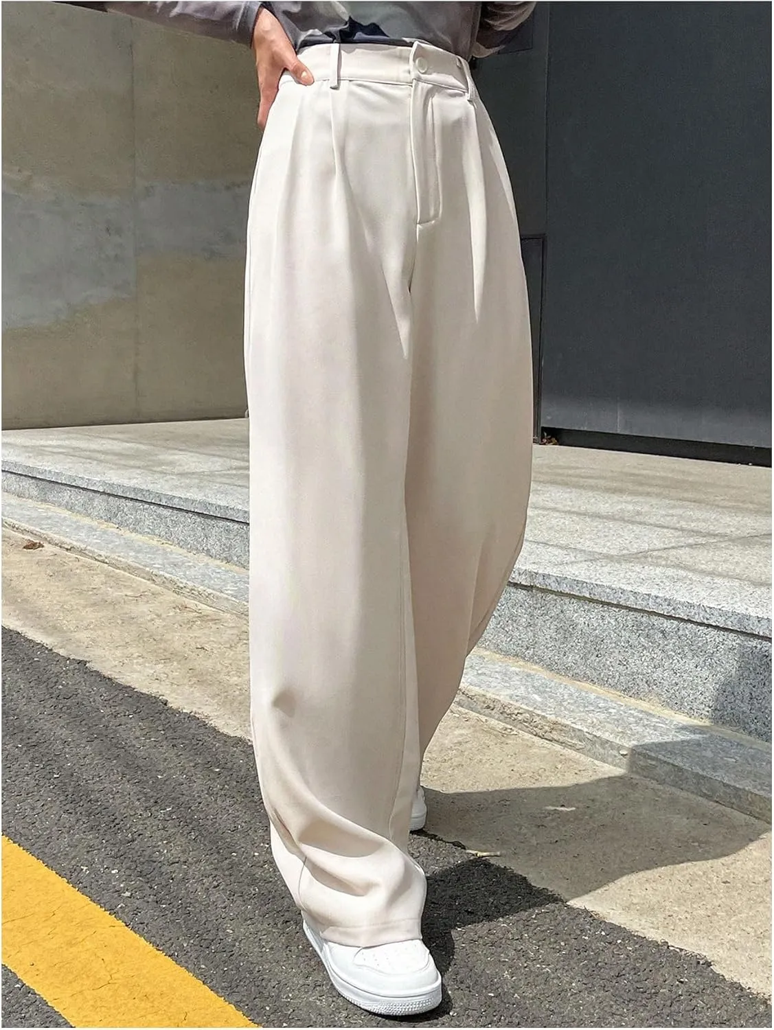 WDIRARA Women's High Waist Straight Leg Pleated Long Pants Casual Work Office Trousers