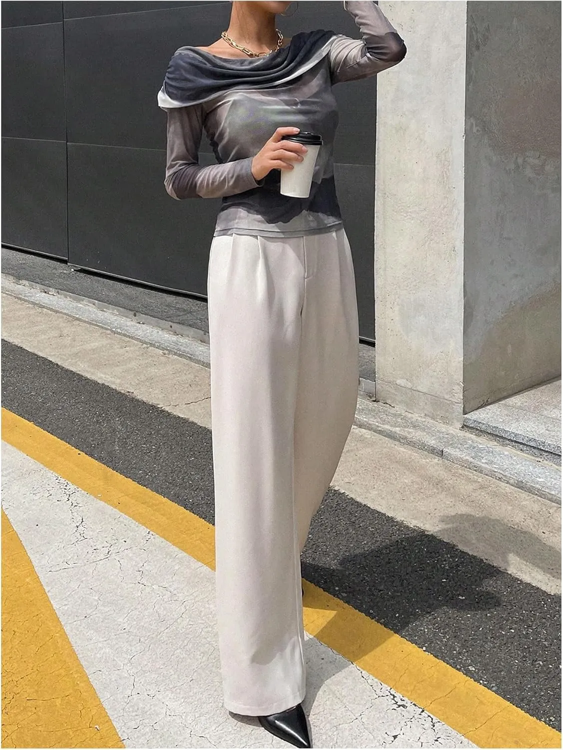 WDIRARA Women's High Waist Straight Leg Pleated Long Pants Casual Work Office Trousers