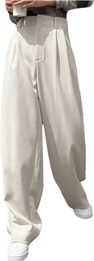 WDIRARA Women's High Waist Straight Leg Pleated Long Pants Casual Work Office Trousers