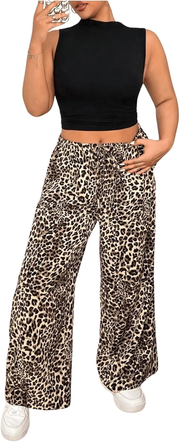 WDIRARA Women's Plus Size Leopard Print Pants Elastic High Waist Trousers with Pockets