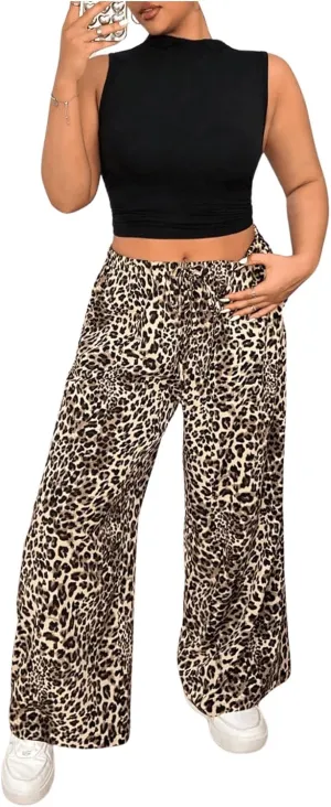 WDIRARA Women's Plus Size Leopard Print Pants Elastic High Waist Trousers with Pockets