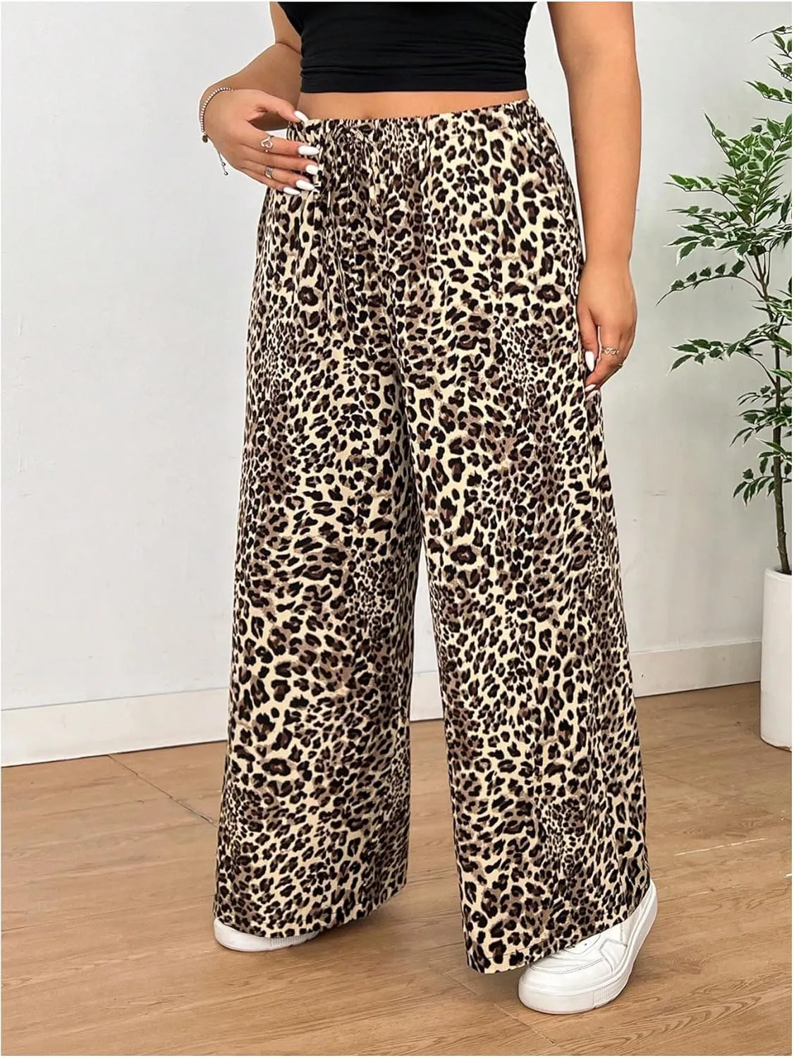 WDIRARA Women's Plus Size Leopard Print Pants Elastic High Waist Trousers with Pockets