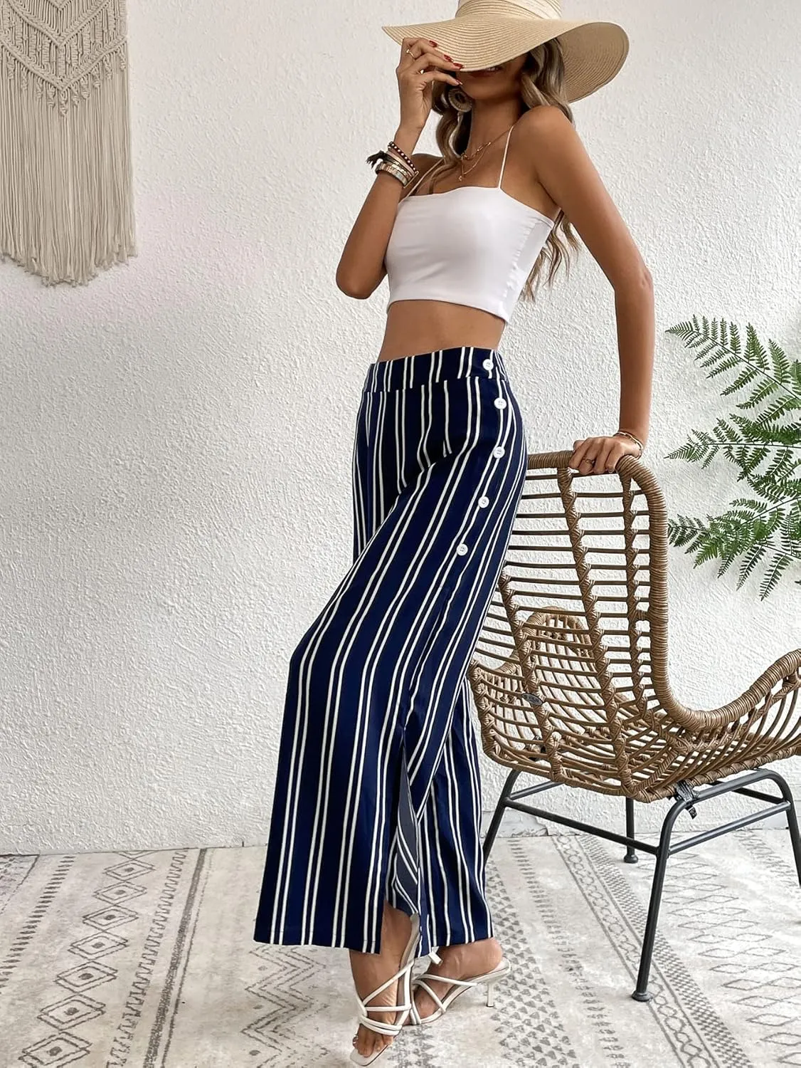 WDIRARA Women's Plus Size Striped Palazzo Pants High Waisted Wide Leg Cropped Trousers