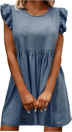 Women Fashion Ruffle Trim Sleeveless Babydoll Denim Dress Summer Round Neck Pleated Casual A-Line Mini Jean Dresses