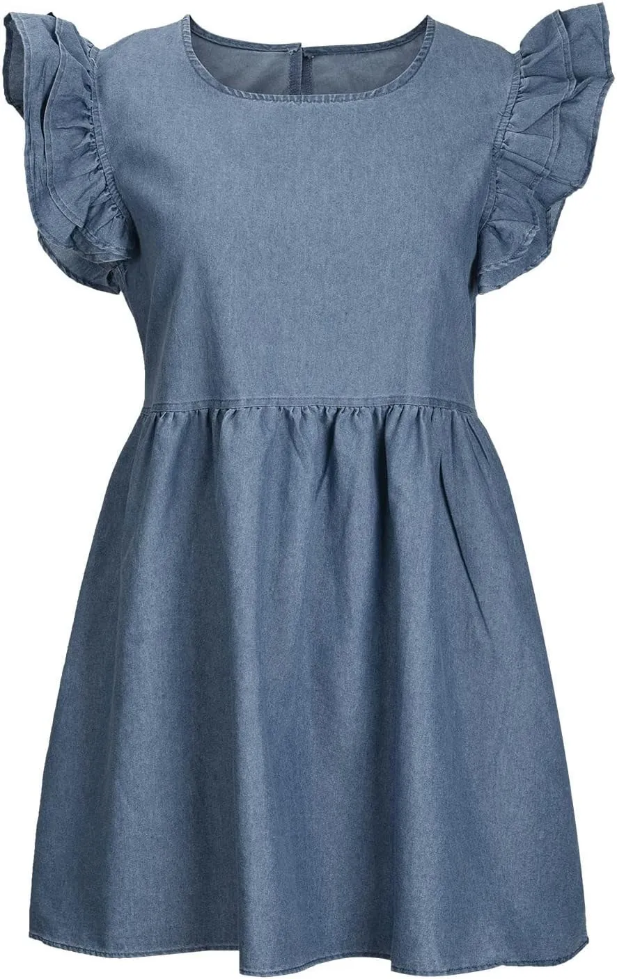 Women Fashion Ruffle Trim Sleeveless Babydoll Denim Dress Summer Round Neck Pleated Casual A-Line Mini Jean Dresses