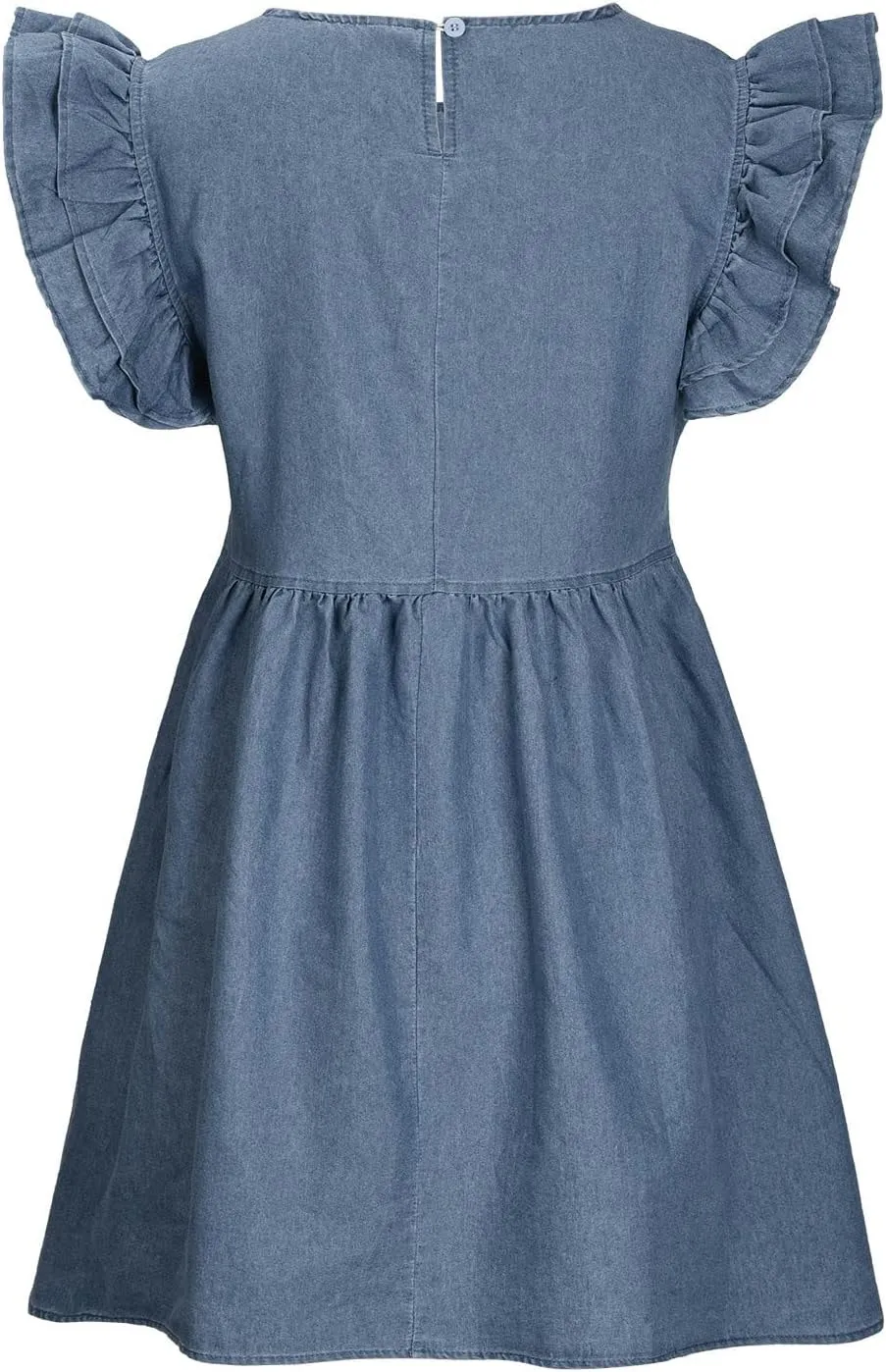 Women Fashion Ruffle Trim Sleeveless Babydoll Denim Dress Summer Round Neck Pleated Casual A-Line Mini Jean Dresses