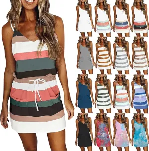 Women Summer Beach Dresses,Casual V-Neck Spaghetti Strap Mini Dress Party Stripe Sundress