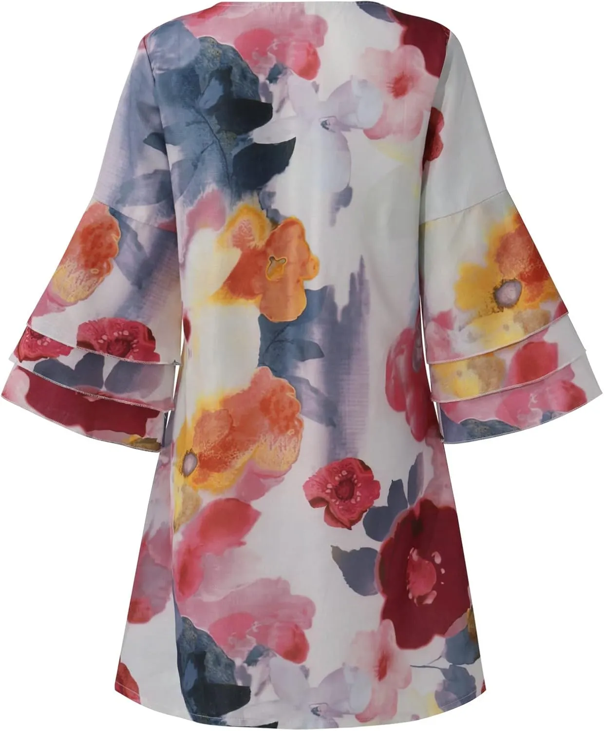 Womens 3/4 Bell Sleeve V Neck Elegant Mini Dress Floral Printed Beachwear Temperament Casual Resort Dress