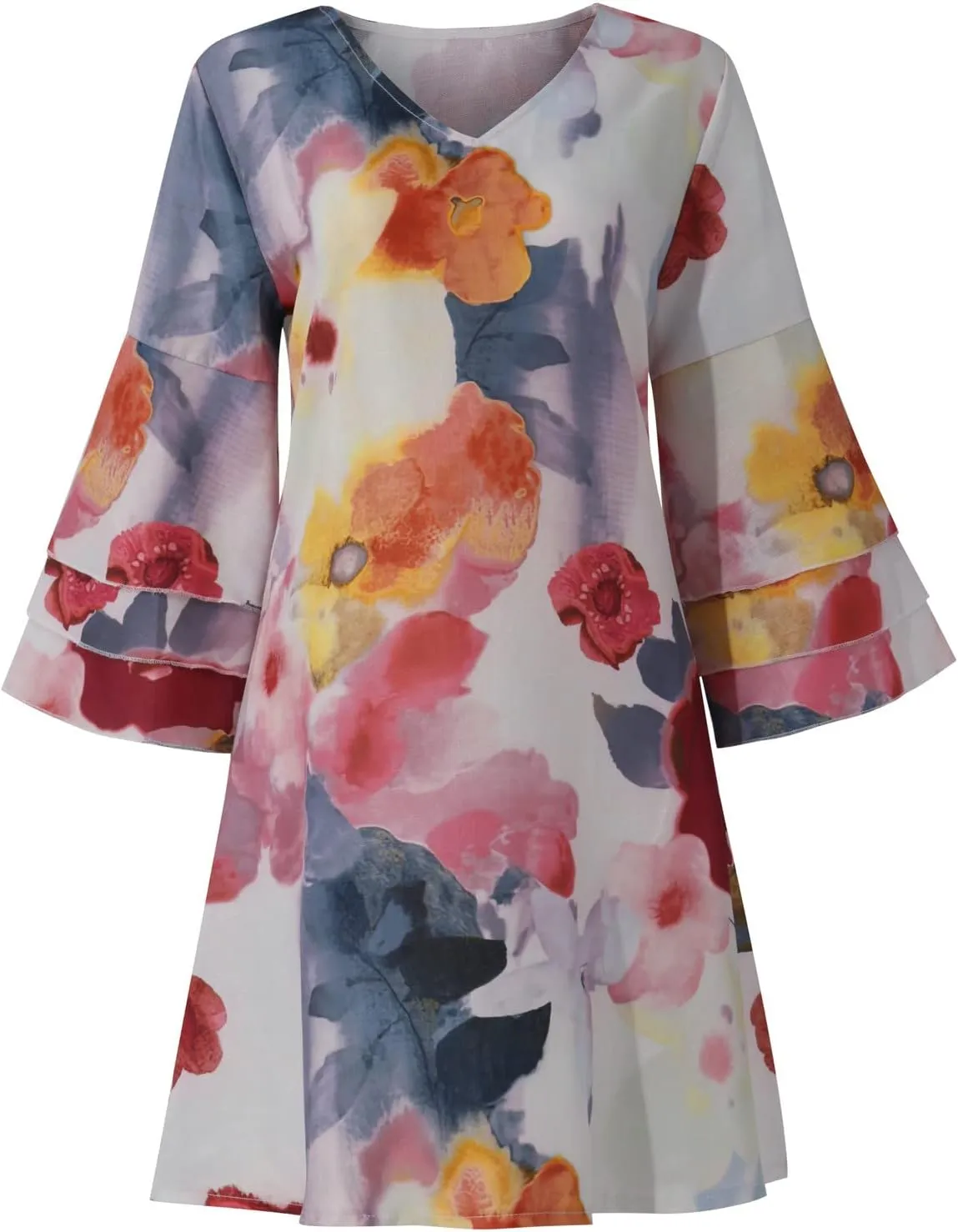 Womens 3/4 Bell Sleeve V Neck Elegant Mini Dress Floral Printed Beachwear Temperament Casual Resort Dress