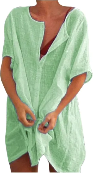 Women's Half Button Down Linen Dress 3/4 Sleeve Casual V-Neck Midi Length Dresses Summer Shirt Dress Blouse