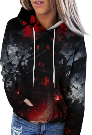 Women's Halloween Witch Shadow Print Casual Shirt Oversized Halloween Graphic Hoodie Fall Fashion Long Sleeve Pullover
