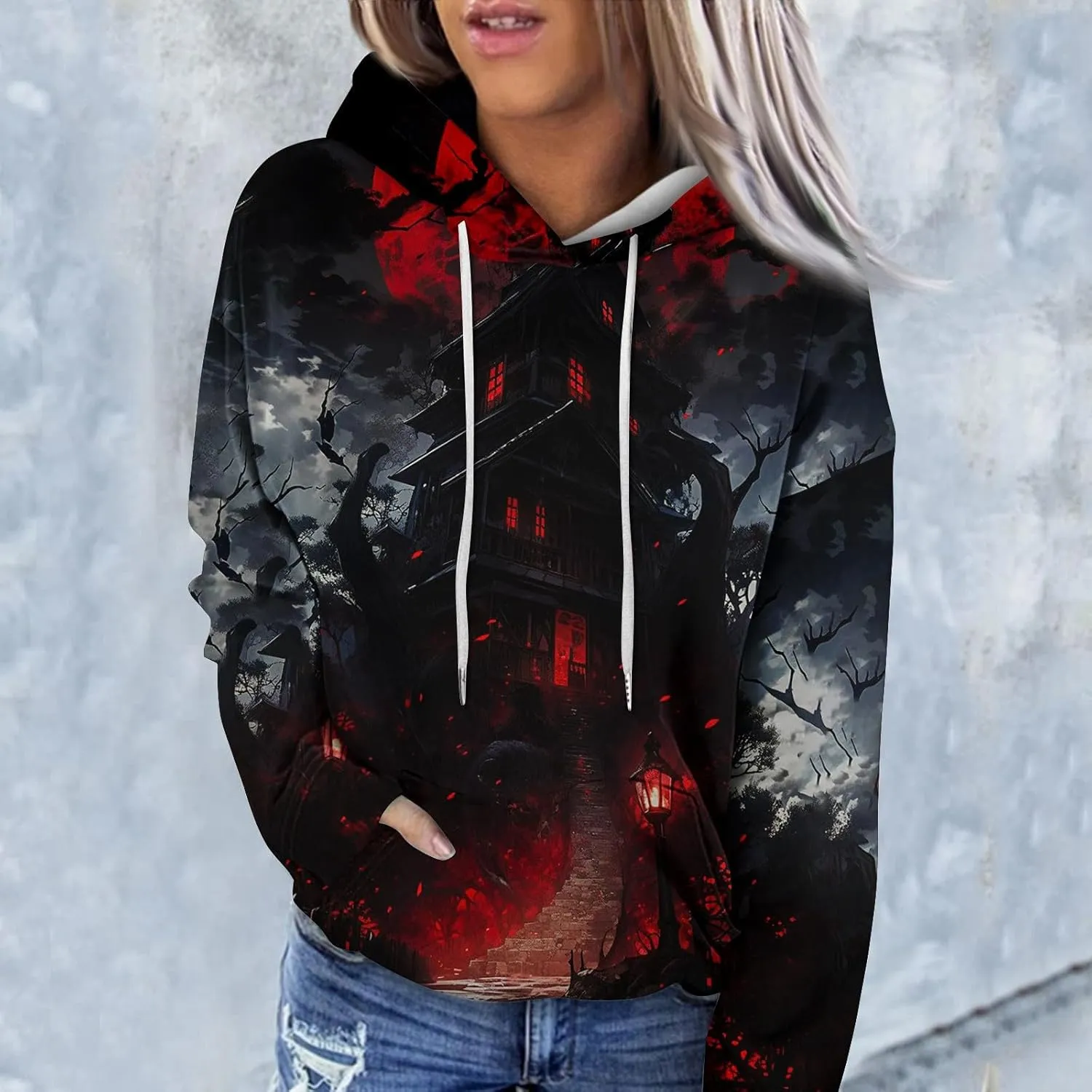 Women's Halloween Witch Shadow Print Casual Shirt Oversized Halloween Graphic Hoodie Fall Fashion Long Sleeve Pullover