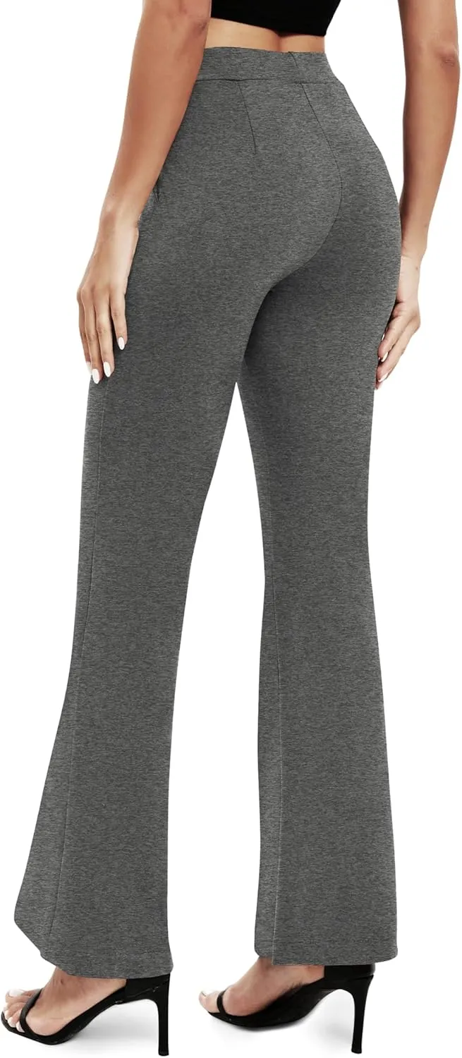 Women's Office Flared Leg Casual Yoga Pants Elastic High Waist Trousers with Pockets