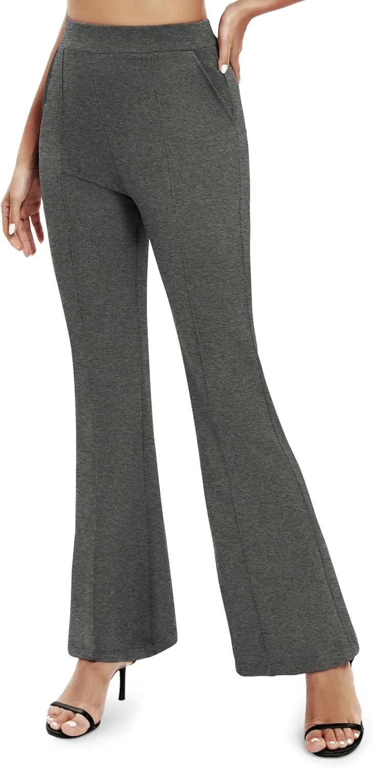Women's Office Flared Leg Casual Yoga Pants Elastic High Waist Trousers with Pockets