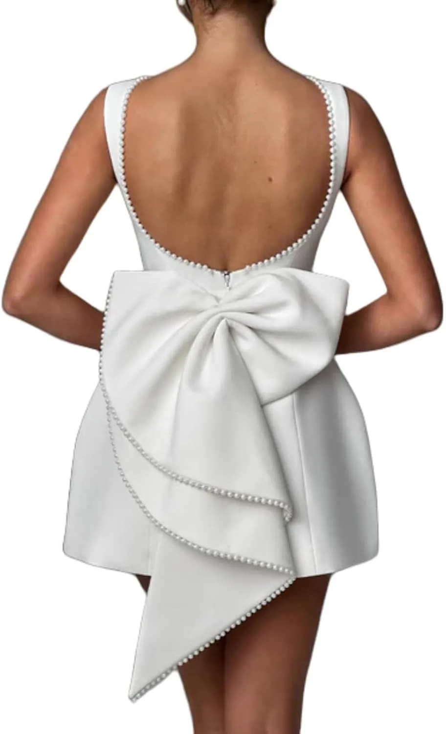 Women's Pearl Satin Bodycon Mini Dress - Backless Prom Gown