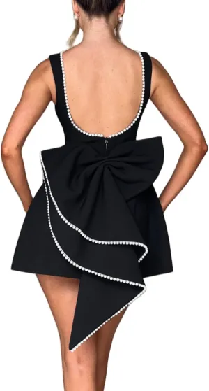 Women's Pearl Satin Bodycon Mini Dress - Backless Prom Gown