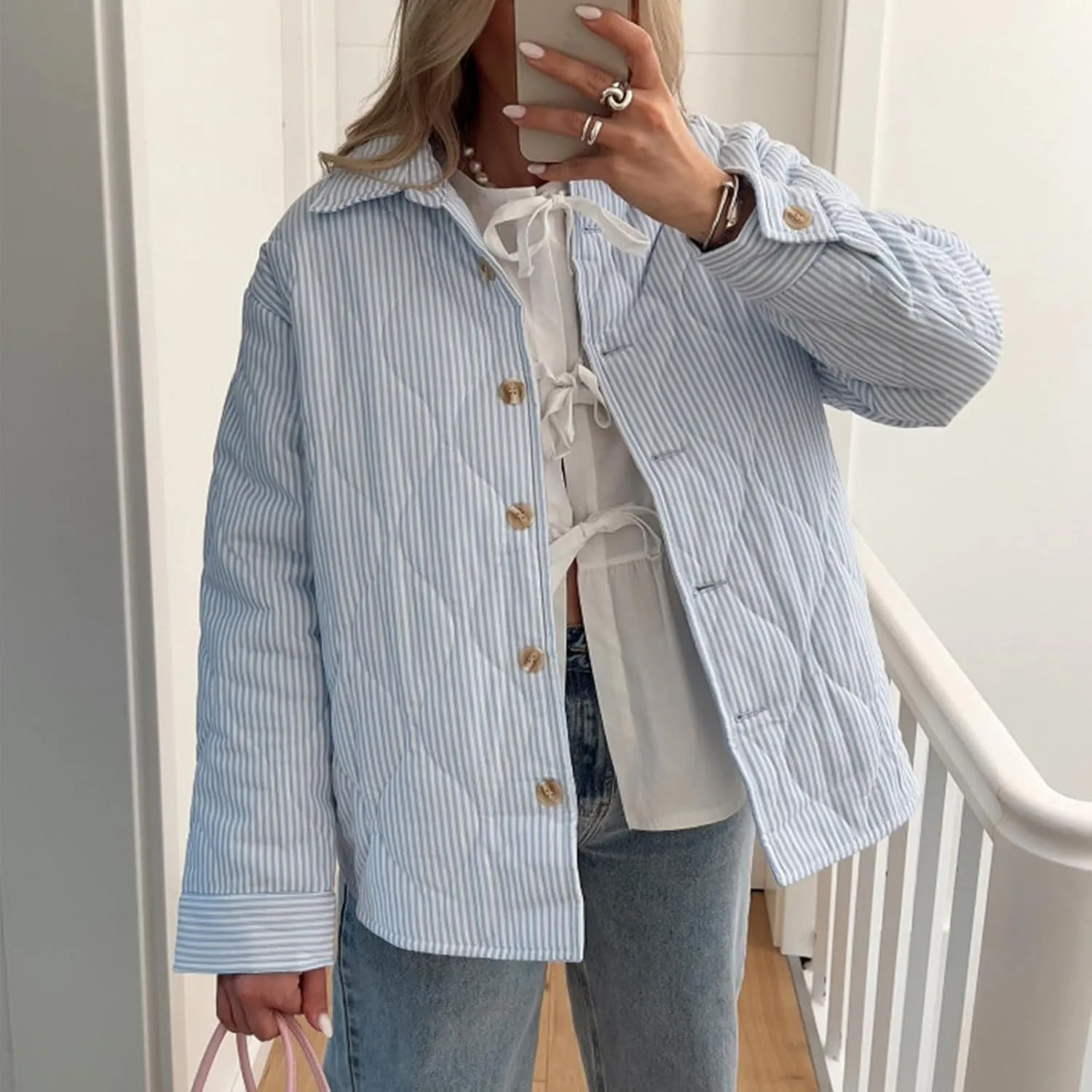 Womens Quilted Jacket Y2K Striped Print Fall Winter Padded Coat Lightweight Long Sleeve Puffer Outwear