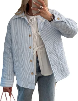 Womens Quilted Jacket Y2K Striped Print Fall Winter Padded Coat Lightweight Long Sleeve Puffer Outwear