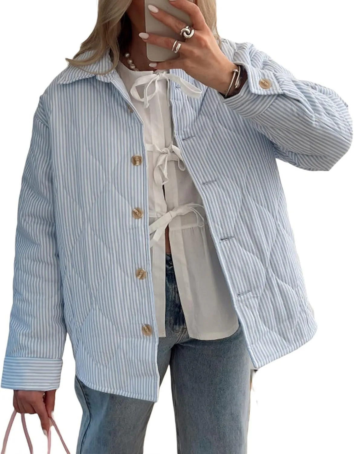 Womens Quilted Jacket Y2K Striped Print Fall Winter Padded Coat Lightweight Long Sleeve Puffer Outwear
