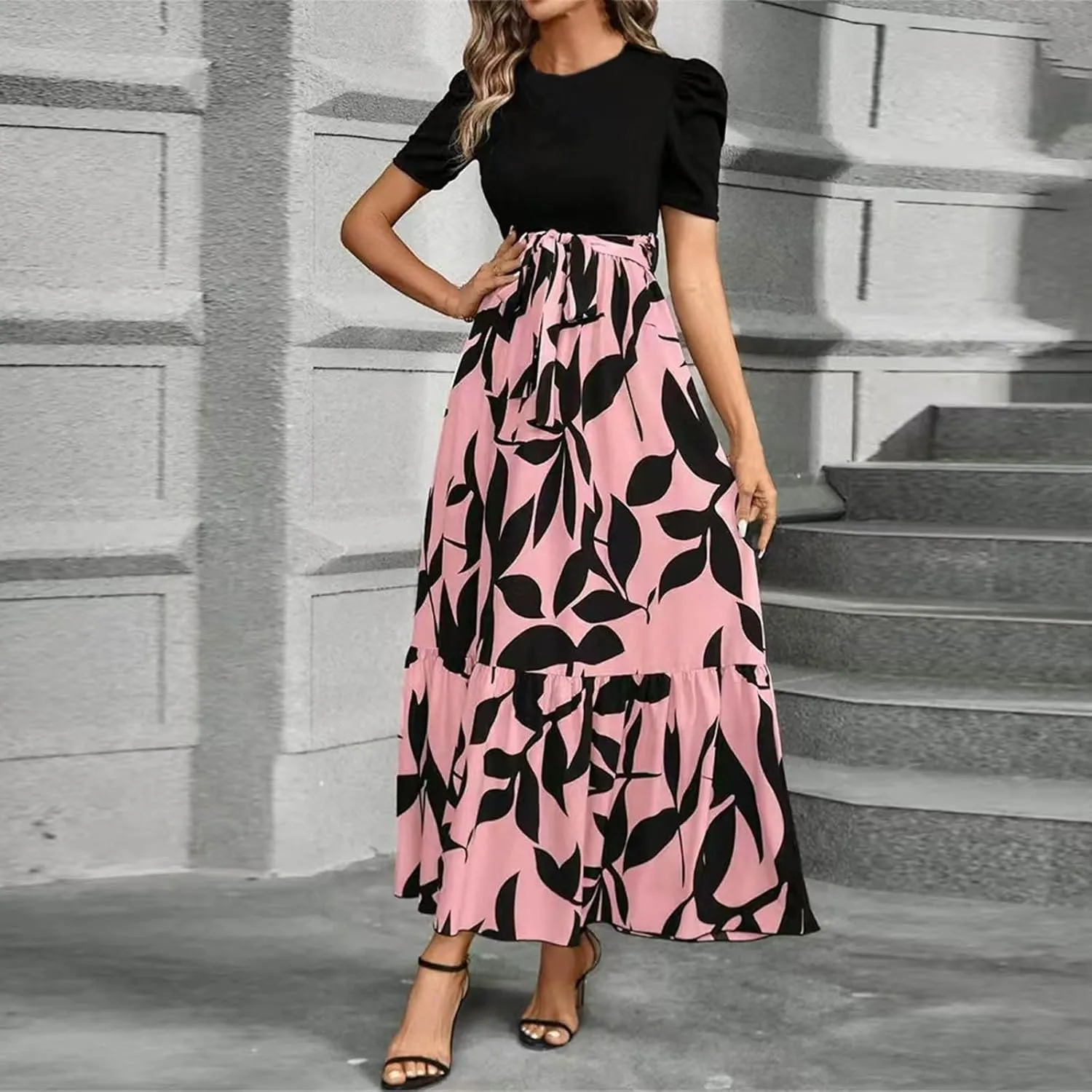 Women's Ruffle Short Sleeve Casual Maxi Dress Summer 2025 Dresses with Pockets Floral Printed Long Flowy Dresses