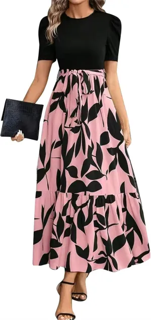 Women's Ruffle Short Sleeve Casual Maxi Dress Summer 2025 Dresses with Pockets Floral Printed Long Flowy Dresses