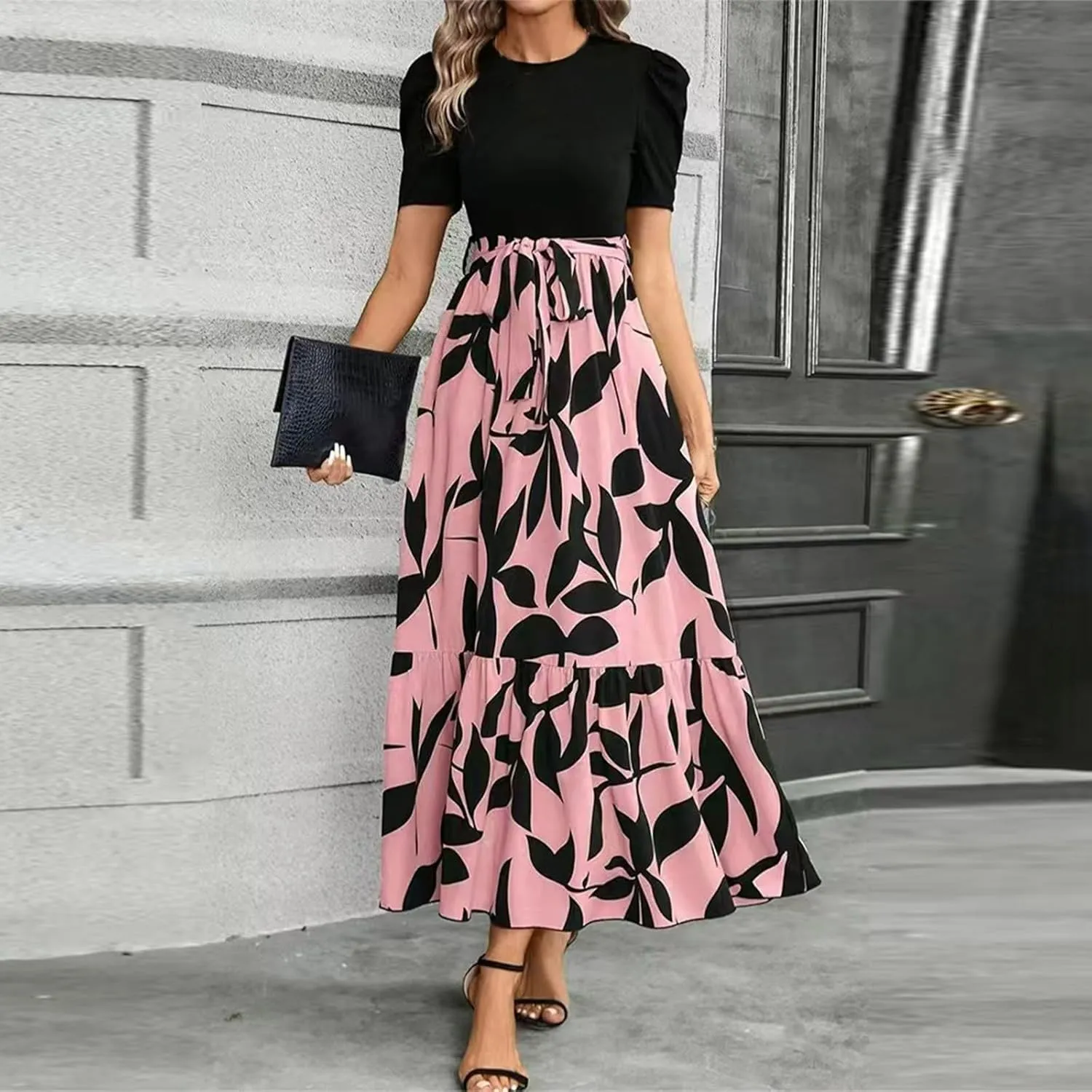 Women's Ruffle Short Sleeve Casual Maxi Dress Summer 2025 Dresses with Pockets Floral Printed Long Flowy Dresses