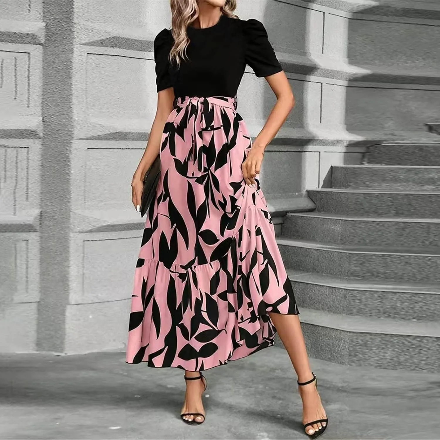 Women's Ruffle Short Sleeve Casual Maxi Dress Summer 2025 Dresses with Pockets Floral Printed Long Flowy Dresses