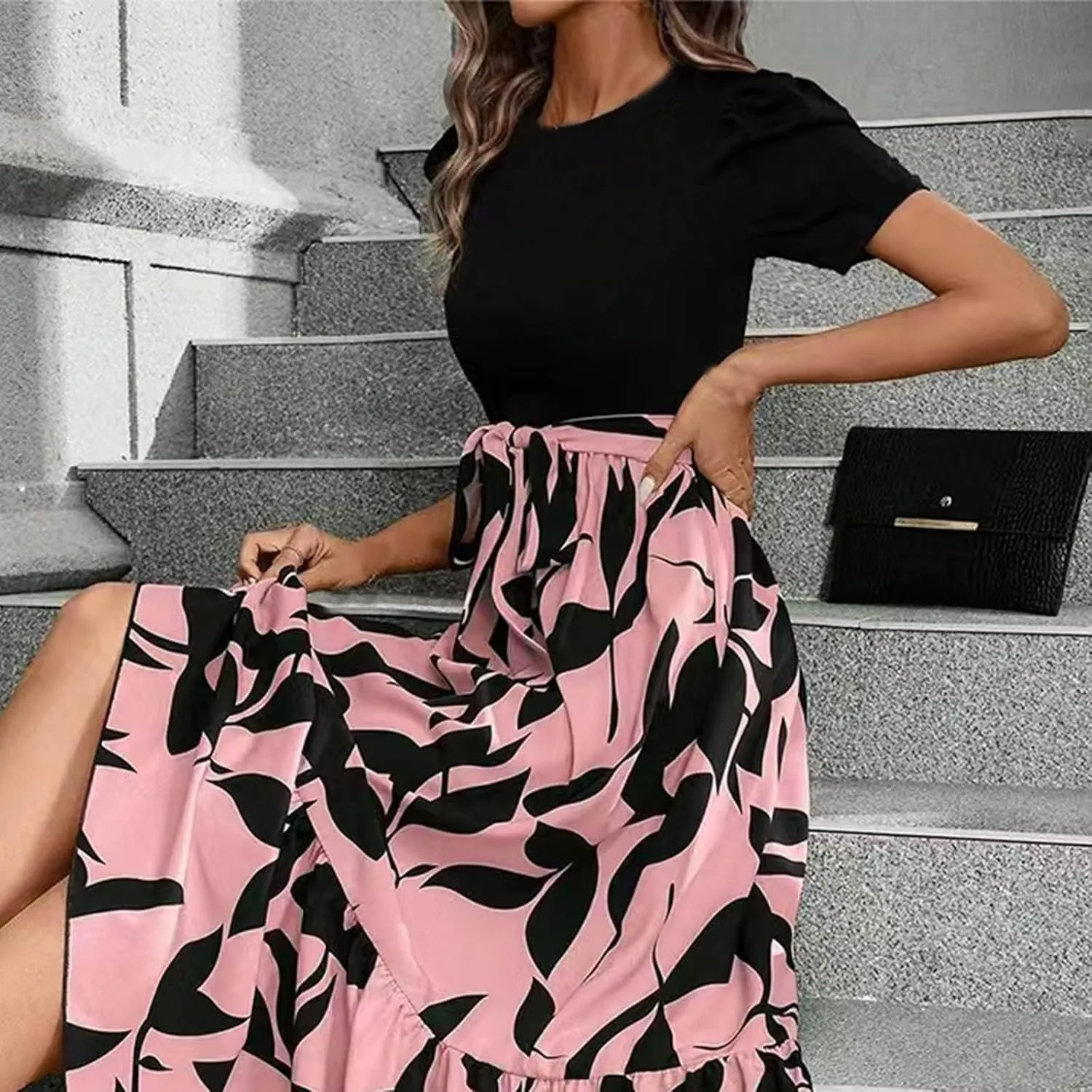 Women's Ruffle Short Sleeve Casual Maxi Dress Summer 2025 Dresses with Pockets Floral Printed Long Flowy Dresses