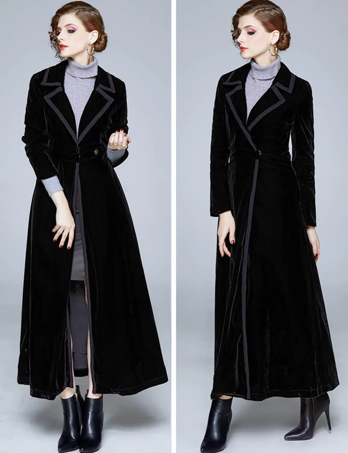 Women's Slim Notch Lapel Long Vintage Velvet Trench Coat Dress Hepburn Style