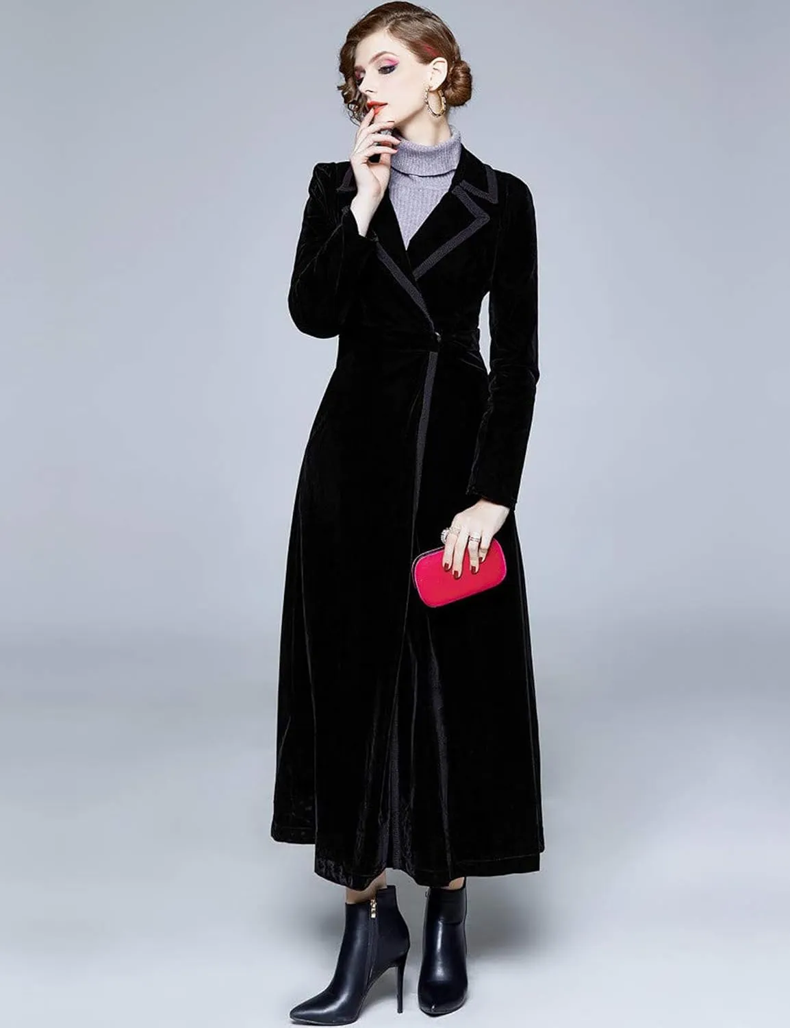 Women's Slim Notch Lapel Long Vintage Velvet Trench Coat Dress Hepburn Style
