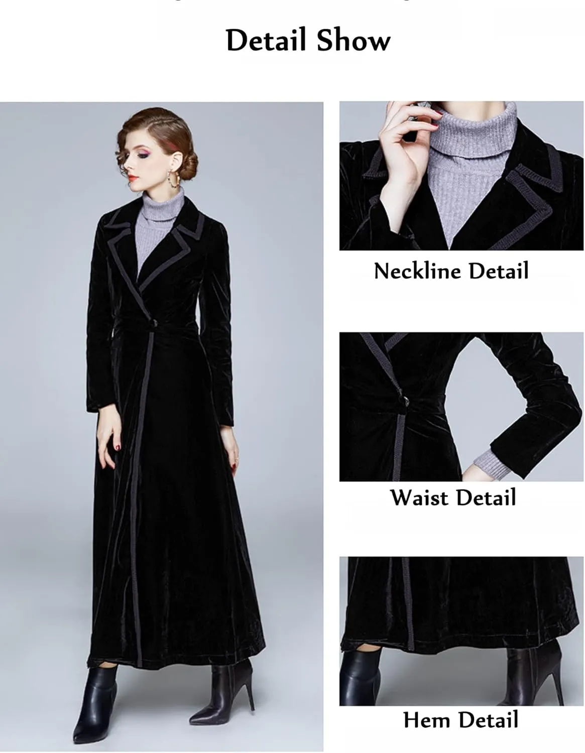 Women's Slim Notch Lapel Long Vintage Velvet Trench Coat Dress Hepburn Style