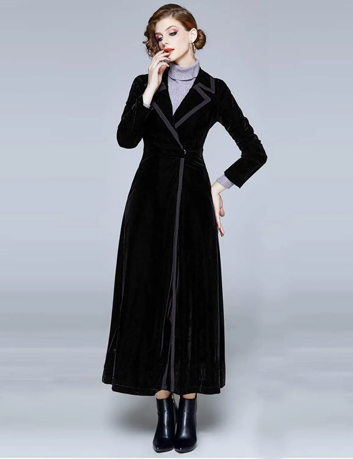 Women's Slim Notch Lapel Long Vintage Velvet Trench Coat Dress Hepburn Style