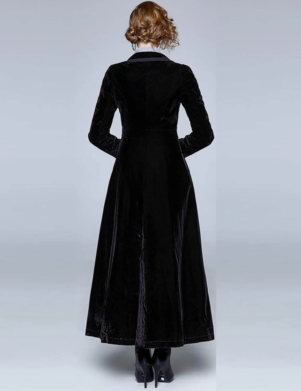 Women's Slim Notch Lapel Long Vintage Velvet Trench Coat Dress Hepburn Style